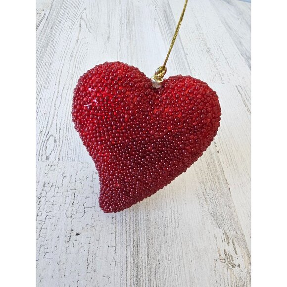 Beaded heart ornament Valentines red unique Xmas tree large - Picture 2 of 9